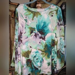 Susan Graver Plus Size 1X Aqua and Green Floral Blouse